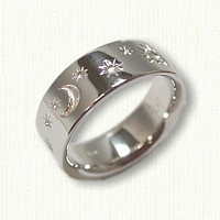 14kt White Gold Sun Stars and Moon Wedding Band - 7.0 mm width 