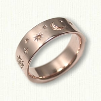 14kt Rose Gold Custom Sun Moon and Stars Wedding Band - Reverse Etch