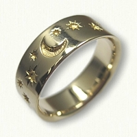 14kt Yellow Gold Custom Sun Moon and Stars Wedding Band - Reverse Etch