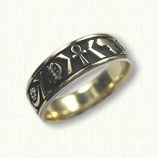 14kt Yellow Gold Custom African Symbols Wedding Band with Black Enamel