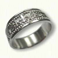 Custom 14kt white gold Celtic Triangle Knot & Fleur-de-lis Wedding Band with beadingr