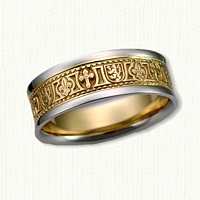 14kt Two Tone Custom Fleur-de-lis, Rampant Lion and Cross Wedding Band  