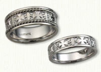 Platinum Fleur-de-lis & MalteseCross wedding bands. (L) with raised twisted rope, (R) narrow.