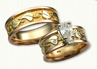 #39:14kt Rose and Yellow Custom Engagement/Wedding Set with Leaves and Scroll Work - with Customers Pear Shaped Diamond 