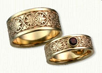 #40:Custom 14kt Yellow Gold Ornamental Leaf Wedding Band set with a 3.5 mm round bezel set Mozambique Garnet 