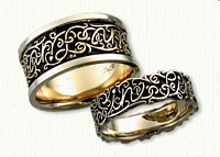 #43:14kt Two Tone Gold Custom Vine Pattern Wedding Band Set