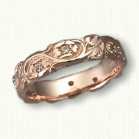 #70:14kt Rose Gold Floral Wedding Band with Inset Diamonds   