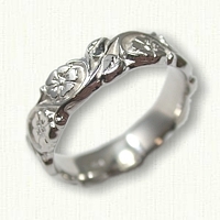 #45:14kt White Gold Pothus Leaf & Cinquefoil Flower Wedding Band 