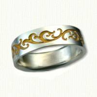#08: Leafy Scroll Band, 14kt white with 18kt yellow electroplating in recesses - Reverse etch