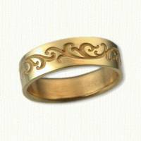 #07: 14kt yellow Leafy Scroll Wedding Band - Reverse Etch