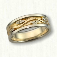 #66:14kt Two Tone Vine & Leaf Wedding Band-7mm  