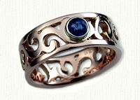 #65:14kt Rose Gold Pierced Walden Vine Wedding Band with Bezel Set Blue Sapphire  