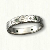 #71:Custom Floral band 5mm set with six .02ct. Green diamonds   