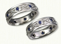 Custom 14kt white gold Infinity band with bezel set round blue sapphires