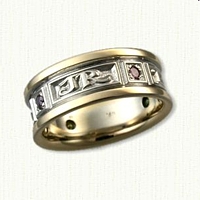 14kt Two Tone Custom Initial Band with JR EP KD GP and Color Diamonds .04 - .05ct Oct/Pink, May/Green, Nov/Yellow, Feb/Purple