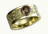 #18: Custom 14kt green gold Ivy Design Wedding Band with Bezel set round champagne diamond