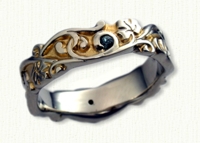 #17: Custom 14KW Sculpted Ivy Designed Wedding Band set with stones. 18kt yellow gold electroplating in recesses