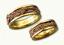 18kt Yellow Gold Tri Color Sleeved Turkshead Wedding Band Set 