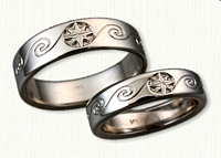 14kt White Gold Custom Single Wave Pattern Wedding Band with Compass Rose 