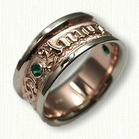 14kt Two Tone Custom Personalized Wedding Band set with (2) Chatham Emeralds Bezel Set 