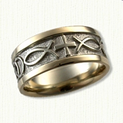 14kt Custom Two Tone Ichthys (fish), Maltese Cross and Double rings Band