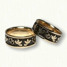 14kt Yellow Gold Custom Dove Wedding Band Set- Black Antiquing