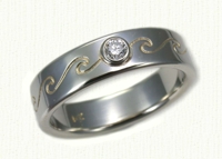 14kt white Reverse Etch Single Wave Band with 1 Bezel set Diamond