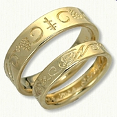 18kt Yellow Gold Custom Initial Symbol Band Reverse Etch Wedding Band Set  