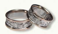 14kt white gold with 14kt rose gold rails<br>Mountians and Bears on His<br>Mountians, Cabbin, Cross, and WWJD on hers