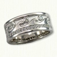 14kt white gold custom Waves Wedding Band with diamonds. Regular Etch. Shown with 10 bezel set diamonds & 50 small diamonds at the base. Diamonds add $800 - $1000 to the price of the ring depending upon the number used & finger size